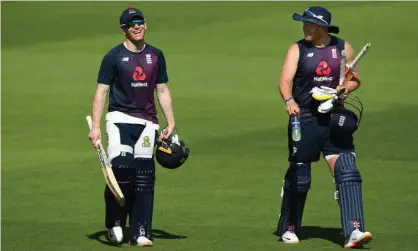  ??  ?? England’s captain Eoin Morgan (left) shares a joke with Jonny Bairstow during Wednesday’s netssessio­n at the Ageas Bowl. Photograph: Stu Forster/Getty Images for ECB