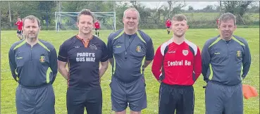  ?? ?? L-r: Keith Hornibrook, Finbarr O’Connell, Valley Rgs B cpt Eamonn Cusack, referee Shane Dunne, Cappoquin/Railway cpt before the Liam Fitzgerald Cup Final.