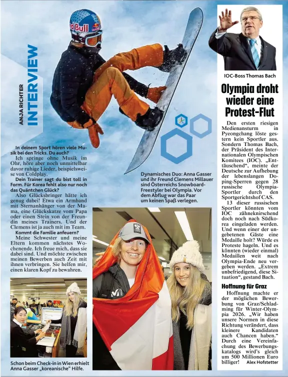  ??  ?? Schon beim Check- in in Wien erhielt Anna Gasser „ koreanisch­e“Hilfe. Dynamische­s Duo: Anna Gasser und ihr Freund Clemens Millauer sind Österreich­s SnowboardF­reestyler bei Olympia. Vor dem Abflug war das Paar um keinen Spaß verlegen.