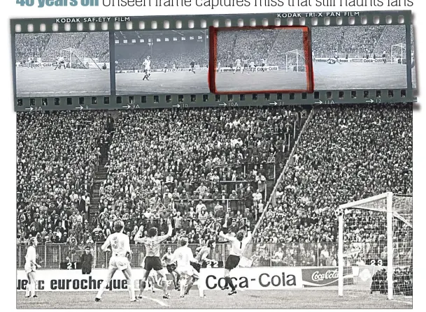  ??  ?? Jacques Santini, second right, sees his header bounce off the bar in the 1976 Hampden final in a previously-unseen image found in our archives