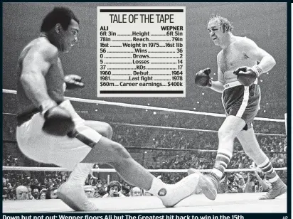  ?? AP ?? Down but not out: Wepner floors Ali but The Greatest hit back to win in the 15th