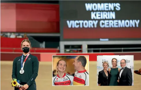  ?? GETTY IMAGES/STUFF ?? Ellesse Andrews displays her silver medal from Tokyo. Inset left, with father Jon in 2014; right, with parents Angela and Jon at the 2018 Halberg awards.