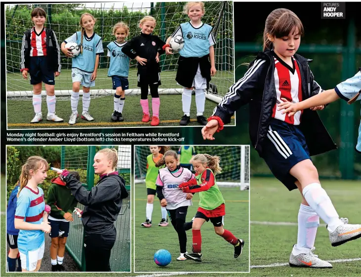  ??  ?? Monday night football: girls enjoy Brentford’s session in Feltham while Brentford Women’s defender Amber Lloyd (bottom left) checks temperatur­es before kick-off