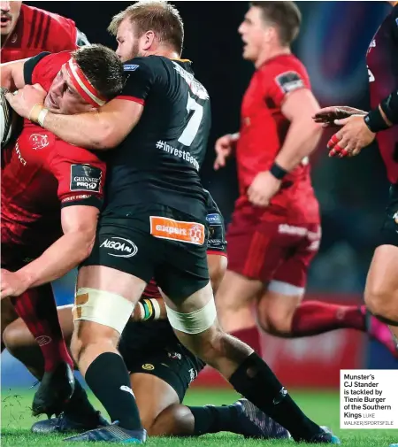  ?? LUKE WALKER/SPORTSFILE ?? Munster’s CJ Stander is tackled by Tienie Burger of the Southern Kings