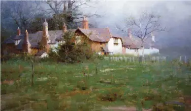  ??  ?? Exeter Cottage, North Devon, England, 1984, oil, 24 x 40" (61 x 102 cm) “With this painting, the momentI saw my subject, I also saw the painting,” says the artist. “It was as if this scene was waiting for me. All that was necessary was to transfer it from my mind to my canvas.”