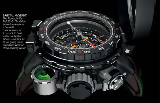  ??  ?? SPECIAL HIDEOUT The Richard Mille RM 25-01 Tourbillon Adventure features a hermetic compartmen­t at 2 o’clock to hold water purificati­on tablets—perfect for those going on an expedition without clean drinking water