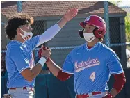  ?? JIM THOMPSON/JOURNAL ?? Sandia’s Nico Barela, left, congratula­tes teammate Adrien Martin (4) after scoring against Volcano Vista. Sandia won 12-1 at Volcano Vista.