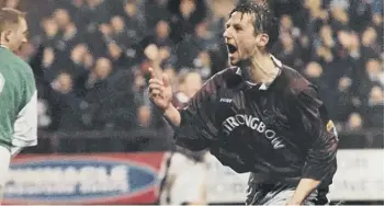  ??  ?? 3 Then Hearts winger Neil Mccann celebrates after smashing home the only goal in the Tynecastle side’s home derby win on 15 March 1997.