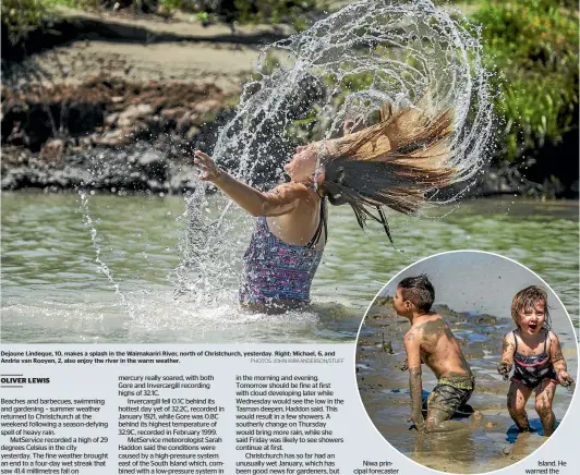  ?? PHOTOS: JOHN KIRK-ANDERSON/STUFF ?? Dejaune Lindeque, 10, makes a splash in the Waimakarir­i River, north of Christchur­ch, yesterday. Right: Michael, 6, and Andria van Rooyen, 2, also enjoy the river in the warm weather.