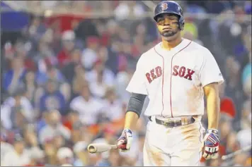  ?? Maddie Meyer / Getty Images ?? Xander Bogaerts reacts after striking out after getting hits in his first three at-bats, including a solo homer and an RBI single. Boston looks to avoid its first home sweep of the season Sunday.