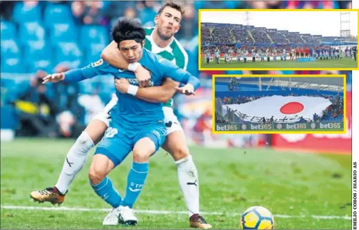  ??  ?? EL DÍA DE JAPÓN. Reapareció Gaku (sujetado por Enrich). Antes, banderas de Japón portadas por niños y en la grada repartidas por LaLiga.