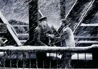  ?? ?? Frank Capra’s fake snow swirls around Bailey as he speaks with Bert, the Bedford Falls police officer.