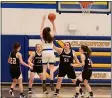  ?? AIMEE BIELOZER — FOR THE MORNING JOURNAL ?? Clearview’s Brooke Rebman shoots a three-pointer over Keystone defenders Jan. 30.