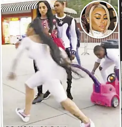  ??  ?? Blac Chyna looks like she’s competing in an Olympic event when she tosses a stroller made by the Momiie company — which she had just signed on with as a brand ambassador. At right, she’s just warming up.