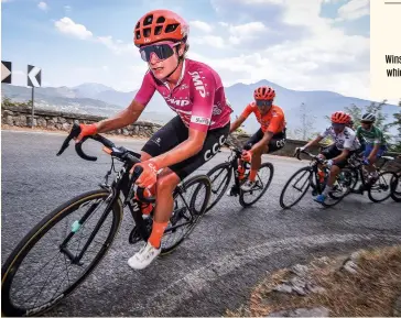  ??  ?? Vos, a three-time Giro Rosa winner, wears the leaders’ jersey during last year’s race after winning a hat trick of stages. She has now won 28 stages