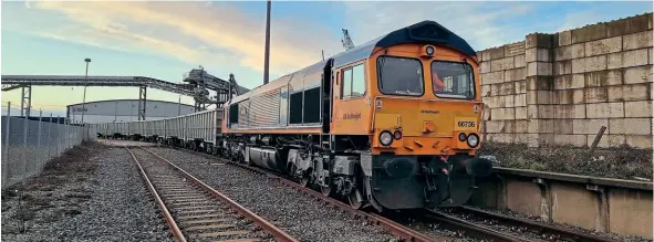  ?? ?? GBRf’s No. 66736 about to depart Newhaven with 17 loaded wagons in tow on January 21. GBRf