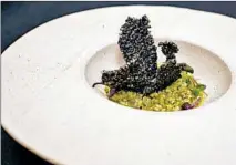  ??  ?? Squid risotto, zucchini, squid ink-puffed rice and pesto at Partage.