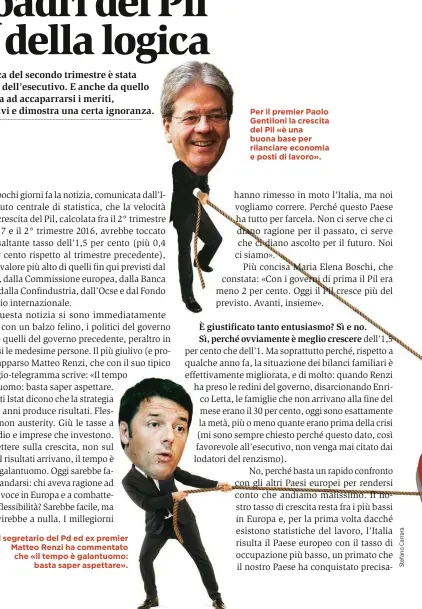  ??  ?? Il segretario del Pd ed ex premier Matteo Renzi ha commentato che «il tempo è galantuomo: basta saper aspettare». Per il premier Paolo Gentiloni la crescita del Pil «è una buona base per rilanciare economia e posti di lavoro».