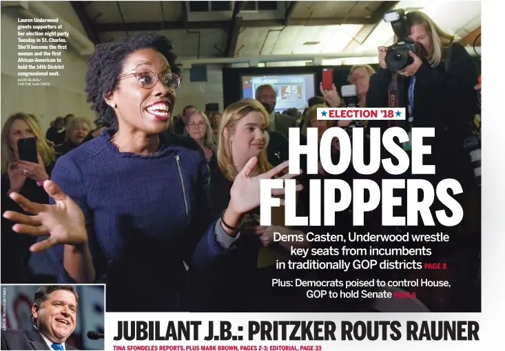  ?? MARK BLACK/ FOR THE SUN-TIMES ?? Lauren Underwood greets supporters at her election night party Tuesday in St. Charles. She’ll become the first woman and the first African-American to hold the 14th District congressio­nal seat.