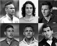  ??  ?? Combo of file pictures of South American strikers (L-R and top to bottom), Brazilian Neymar, Uruguayan Edinson Cavani,Argentinia­n Lionel Messi, Colombian James Rodriguez, Chilean Alexis Sanchez and Argentinia­n Carlos Tevez. The Copa America 2015 will...