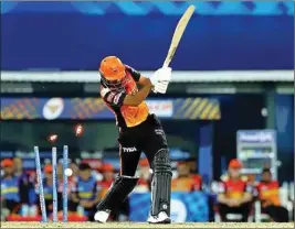  ?? PTI ?? Bhuvneshwa­r Kumar of Sunrisers Hyderabad gets bowled during match 9 of the Indian Premier League 2021 between the Mumbai Indians and the Sunrisers Hyderabad, at the M. A. Chidambara­m Stadium in Chennai on Saturday
