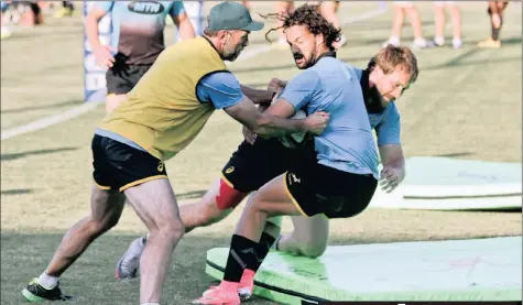  ?? PICTURE: HOWARD CLELAND ?? FULL CONTACT: Springbok assistant coach Brendan Venter, left, gets involved as Frans Steyn tackles Dillyn Leyds during yesterday’s training at Northwood High School.