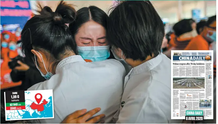  ?? PHOTO AFP ?? Des travailleu­ses de la santé de la province de Jilin, en Chine, étaient très émotives jeudi lors de la réouvertur­e de l’aéroport de Tianhe, après deux mois de perturbati­ons.