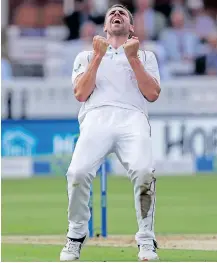  ?? BEN WHITLEY Backpagepi­c ?? SOUTH Africa’s Anrich Nortje celebrates dismissing England’s Ben Stokes during the LV= Insurance First Test match at Lord’s. |