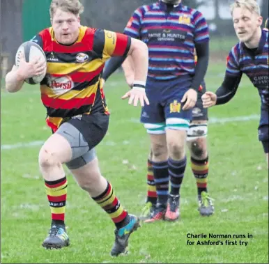  ??  ?? Charlie Norman runs in for Ashford’s first try