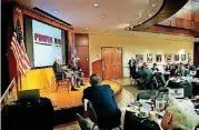  ?? [PHOTOS BY JIM BECKEL, THE OKLAHOMAN] ?? Former Gov. Frank Keating and gubernator­ial candidate Drew Edmondson speak at the Oklahoma History Center on Thursday during a forum about transporta­tion.