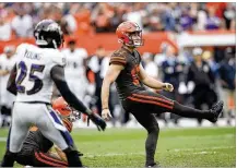  ?? JOE ROBBINS / GETTY IMAGES ?? Browns rookie Greg Joseph kicks a field goal in overtime to beat the Ravens on Sunday in Cleveland. The Browns have already played three OT games this season and missed a last-second field goal that would have put them in a fourth.