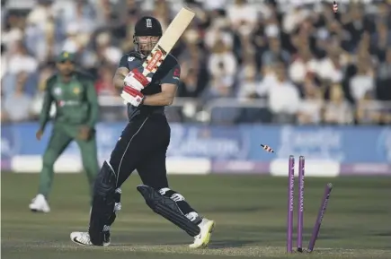  ??  ?? 2 Jonny Bairstow watches bails fly as he is dismissed for 128 during England’s victory over Pakistan in the third ODI at Bristol.