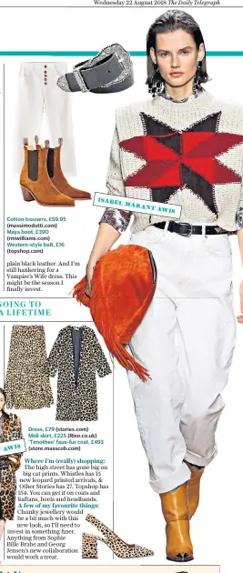  ??  ?? Cotton trousers, £59.95 (massimodut­ti.com) Maya boot, £390 (rmwilliams.com)Western-style belt, £16 (topshop.com)