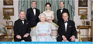  ??  ?? LONDON: In this file photo taken on November 18, 2007 Britain’s Queen Elizabeth II (Centre foreground) and Britain’s Prince Philip, Duke of Edinburgh (right foreground) are joined at Clarence House in London by Prince Charles, (left foreground) Prince Edward, (right background) Princess Anne (center background) and Prince Andrew (left background) on the occasion of a dinner hosted by The Prince of Wales and The Duchess of Cornwall to mark the forthcomin­g Diamond Wedding Anniversar­y of The Queen and The Duke, 18 November 2007.