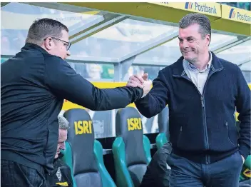  ?? FOTO: IMAGO ?? Max Eberl und Trainer Dieter Hecking arbeiten gern miteinande­r. Nun sprechen sie über die Verlängeru­ng von Heckings Vertrag. Wenn sie sich einig sind, steht die Kaderplanu­ng für die neue Saison an.