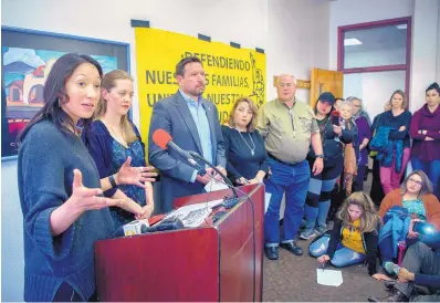  ?? EDDIE MOORE/JOURNAL ?? Somos Un Pueblo Unido’s Marcela Díaz talks at a news conference Monday. From left are Tess Wilkes of Santa Fe Dreamers Project, Mayor Javier Gonzales, Santa Fe Public Schools Superinten­dent Veronica Gonzales and City Councilor Peter Ives.