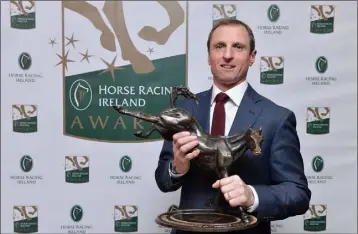  ??  ?? Jamie Codd, winner of the Point to Point Racing award, at the 2016 Horse Racing Ireland Awards at Leopardsto­wn Racecourse in Dublin recently.