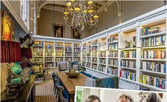  ??  ?? Grand: The library at Audley Binswood in Royal Leamington Spa. Inset: Retirees at a book club