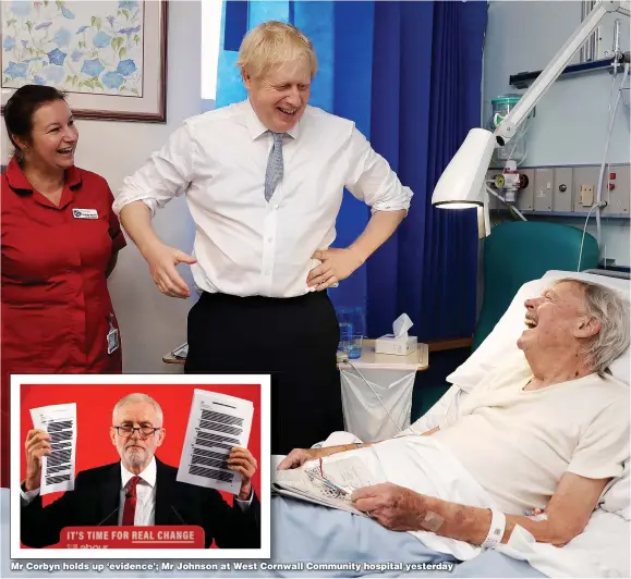  ?? Pictures: GETTY ?? Mr Corbyn holds up ‘evidence’; Mr Johnson at West Cornwall Community hospital yesterday