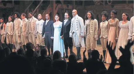  ?? Neilson Barnard, Getty Images ?? The cast of Hamilton performs on opening night on Broadway in 2015.