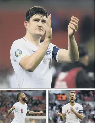  ?? MAIN PICTURE: GETTY IMAGES ?? THREE KEY MEN: Lynchpin Harry Maguire, top, is still searching for a reliable defensive partner while Raheem Sterling, left, has emerged in the last 18 months to take a lot of the pressure off England captain and striker Harry Kane, right.