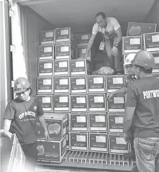  ??  ?? Customs personnel open a container van of misdeclare­d fruit shipment from China.