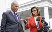  ?? SUSAN WALSH / AP ?? Senate Majority Leader Chuck Schumer and House Speaker Nancy Pelosi speak to reporters at the White House, Tuesday. The U.S. House passed a bill aimed at preventing a major rail strike Wednesday.