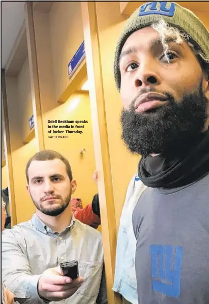  ??  ?? PAT LEONARD Odell Beckham speaks to the media in front of locker Thursday.