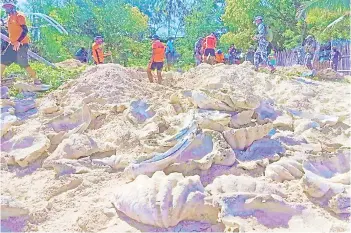  ?? — AFP photo ?? Philippine Coast Guard (PCG) shows coast guard personnel, marine troops and local conservati­on officials unearthing illegally harvested giant clams near the homes of residents on Johnson Island, Palawan province.