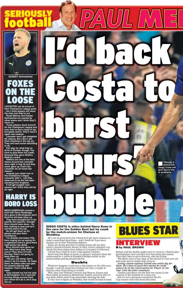  ??  ?? GOING? Schmeichel TROUBLE SHOOTER: Diego Costa will give Spurs lots of problems