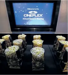  ?? NATHAN DENETTE/THE CANADIAN PRESS ?? Bags of popcorn are shown during the Cineplex Entertainm­ent company’s annual general meeting in Toronto on May 17. The movie theatre company plans to buy back as much as 10 per cent of its public stock after a slow summer movie season.