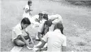  ??  ?? Students of the Indraratha­na Vidyalaya in Kirama in the Hambantota district take part in an English day programme at the school. Pix by W. Nelka.