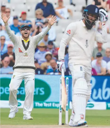  ?? Picture: AFP ?? ON YOUR WAY: David Warner appeals for the wicket of Moeen Ali on the final day.