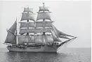  ??  ?? A three-masted Barque with a sailing rig similar to that of “Lottie Moore”